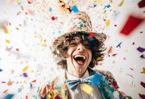 ai gegenereerd weinig clown met confetti hoed Aan wit achtergrond foto