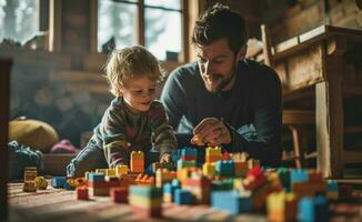 ai gegenereerd Mens en zijn zoon spelen met gebouw blokken in de leven kamer foto