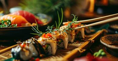 ai gegenereerd sushi en tofu Aan een zilver bord foto