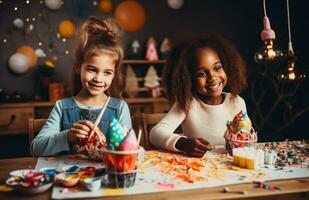 ai gegenereerd twee kinderen zijn schilderij Pasen met weinig Pasen konijn thema foto