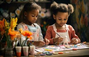 ai gegenereerd twee jong kinderen schilderij Bij de tafel in Pasen outfits foto