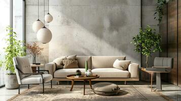 ai gegenereerd een modern interieur ontwerp tafereel, elegant meubels foto