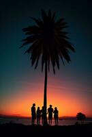 ai gegenereerd zonsondergang groep van mensen door een palm boom foto