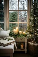 ai gegenereerd traditioneel Kerstmis decor elegant interieur stijl met de nordic winter tuin, foto