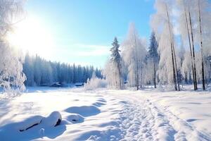 ai gegenereerd vakantie boom en Woud winter nacht landschap behang foto