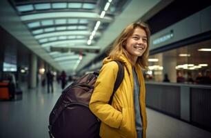 ai gegenereerd een vrouw Holding haar bagage in een luchthaven gang foto