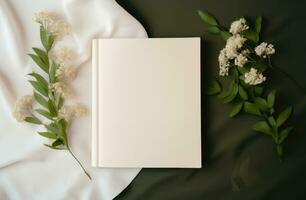 ai gegenereerd een wit blanco boek omringd door groen bladeren foto