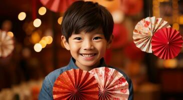 ai gegenereerd Aziatisch jongen Holding rood papier fans foto