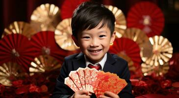 ai gegenereerd Aziatisch jongen Holding rood papier fans foto