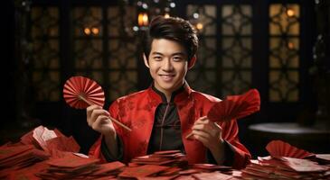 ai gegenereerd Aziatisch jongen Holding rood papier fans foto