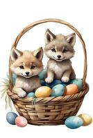 ai gegenereerd grafisch van een wolf in een Pasen mand met Pasen eieren foto