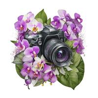 ai gegenereerd slr camera in bloemen Aan wit achtergrond foto