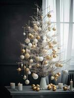 ai gegenereerd een wit Kerstmis boom met ornamenten hangende in de omgeving van het, foto