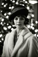ai gegenereerd retro feest Jaren 1920 mode temidden van een Kerstmis boom generatief door ai foto