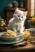 ai gegenereerd een schattig wit katje zit Bij een tafel met een bord van spaghetti, in een knus generatief door ai foto