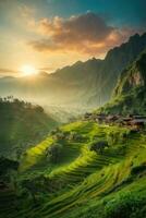 ai gegenereerd majestueus zonsopkomst over- terrasvormig rijst- velden genesteld tussen weelderig groen heuvels gegenereerd door ai foto