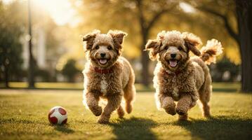 ai gegenereerd blij hond rennen naar de camera in een zonnig park met een bal aan het liegen generatief door ai foto
