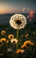 ai gegenereerd paardebloem zaad hoofd verlicht door de instelling zon, met een warm gouden uur gloed generatief door ai foto