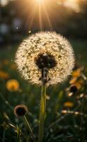 ai gegenereerd paardebloem zaad hoofd verlicht door de instelling zon, met een warm gouden uur gloed generatief door ai foto