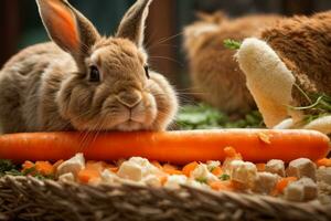 ai gegenereerd een schattig konijn omringd door vers wortels Aan een rustiek houten oppervlakte generatief door ai foto