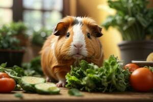 ai gegenereerd Guinea varken temidden van vers groenten Aan een houten tafel met zacht verlichting generatief door ai foto