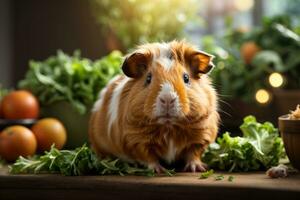 ai gegenereerd Guinea varken temidden van vers groenten Aan een houten tafel met zacht verlichting generatief door ai foto