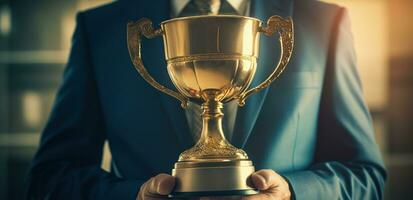 ai gegenereerd zakenman Holding een goud trofee Holding een beker, foto