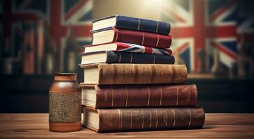 ai gegenereerd een oud Brits rugzak versierd met de Brits vlag zit Aan top van een stack van boeken foto