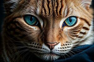 ai gegenereerd detailopname van een bruin gestreept kat met opvallend blauw ogen aan het liegen naar beneden generatief door ai foto