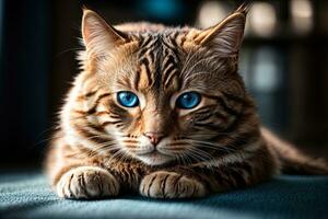 ai gegenereerd detailopname van een bruin gestreept kat met opvallend blauw ogen aan het liegen naar beneden generatief door ai foto