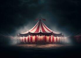 ai gegenereerd een circus tent Bij nacht met een rood tent tegen wit achtergrond foto