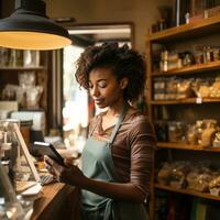 ai gegenereerd klein bedrijf eigenaar gebruik makend van een tablet naar werkwijze een betaling Bij hun winkel uitchecken balie. foto