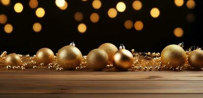 ai gegenereerd een Kerstmis boom en goud ballen Aan een houten tafel foto