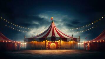 ai gegenereerd rood en geel circus tent Bij nacht met lichten foto