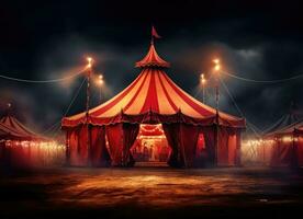 ai gegenereerd een circus tent Bij nacht met een rood tent tegen wit achtergrond foto