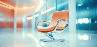 ai gegenereerd een abstract oranje stoel zit in een blauw bedrijf kantoor foto