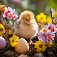 ai gegenereerd een schattig kuiken uitkomen uit van een gespikkeld ei foto