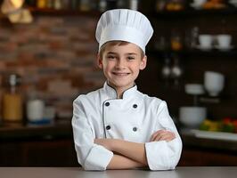 ai gegenereerd een Kaukasisch jongen gekleed net zo een chef en voorbereidingen treffen voedsel in keuken. foto