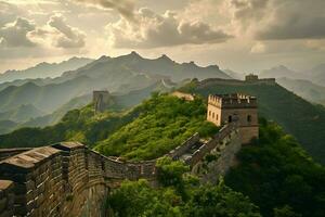 ai gegenereerd majestueus Super goed muur van China Bij zonsondergang foto