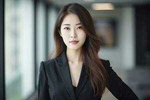 ai gegenereerd Koreaans meisje in een zwart blazer staand in een kantoor foto