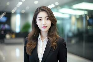 ai gegenereerd Koreaans meisje in een zwart blazer en een wit overhemd staand tegen een kantoor foto