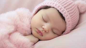 ai gegenereerd slapen pasgeboren baby in een inpakken Aan roze deken foto