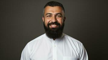 ai gegenereerd moslim Mens met een baard en wit overhemd tegen een donker achtergrond foto