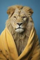 ai gegenereerd portret van een leeuw gekleed in een badjas Aan pastel achtergrond foto