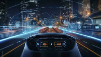 ai gegenereerd intelligent technologie auto met futuristische dashboard voor autonoom controle systeem foto