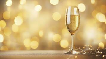 ai gegenereerd een glas van Champagne Aan de tafel in een gouden licht achtergrond foto