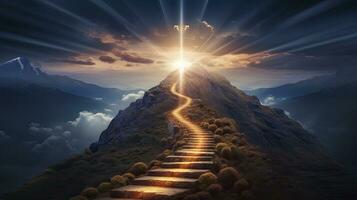 ai gegenereerd pad naar succes concept met gloeiend licht pad gaan omhoog de berg foto