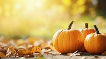 ai gegenereerd pompoen Aan een zonnig vallen herfst achtergrond met sommige bladeren foto