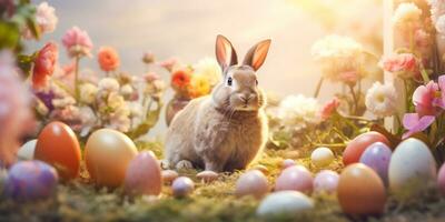 ai gegenereerd Pasen konijn in betoverd tuin met kleurrijk eieren Bij zonsondergang foto