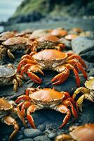 ai gegenereerd een groep van krabben resting Aan een rotsachtig strand foto